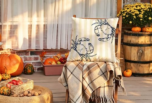 Coastal Beach Yellow Crab Pillow Cover 18x18, Linen Texture Throw Case