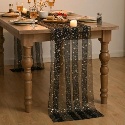 Artoid Mode Gold Stars Black Gauze Table Runner, 28 x 120 Inch