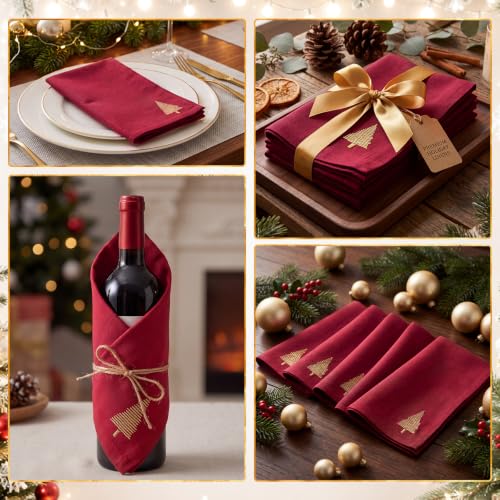 Christmas Cloth Napkins Set of 6 - Red Embroidered Tree Pattern, 17x17 Inches