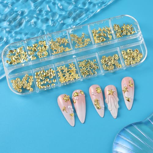 KSTBJN 12 Grids Gold Metal Nail Art Charms 3D Ocean Theme Decors
