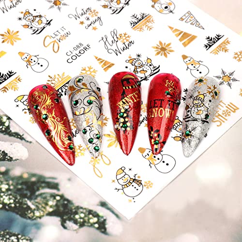 Vezocim Gold Christmas Nail Art Stickers - 9 Sheets Snowflake & Snowman Decals
