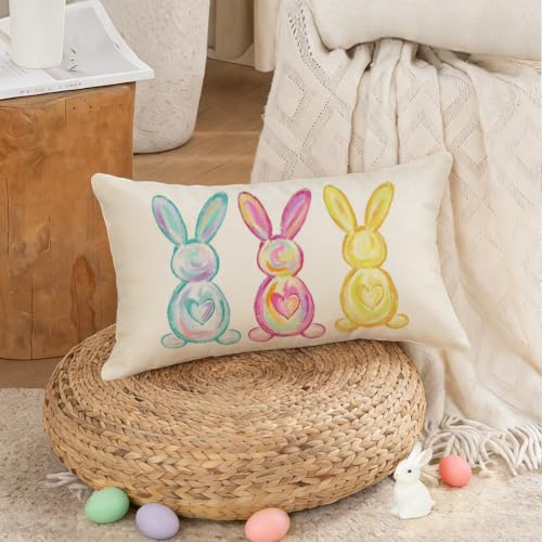 Easter Bunny Throw Pillow Cover 12x20 Inch - Colorful Spring Decor