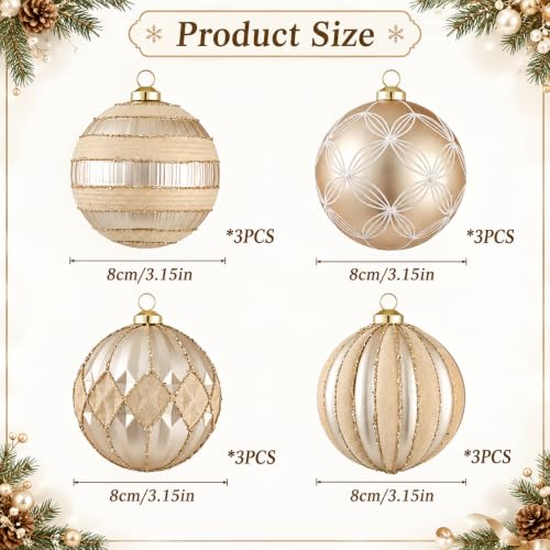 Velvet Christmas Ornaments 12Pcs - Champagne Gold & Cream Flocked Shatterproof Decorations