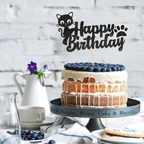 Black Glitter Cat Cake Topper Kitten Birthday Party Decoration