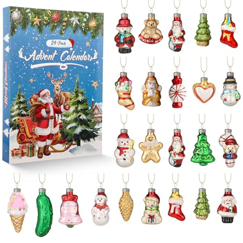 24 Glass Christmas Ornaments with Advent Calendar Set - Holiday Tree Decor