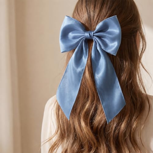 Large Blue Hair Bow Clip with Long Tails for Women and Girls