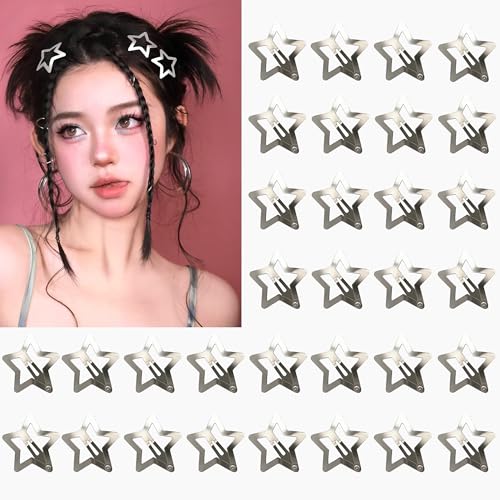 Isvo 32 Pcs Star Hair Clips, 1.22" Y2K Metal Snap Silver Barrettes
