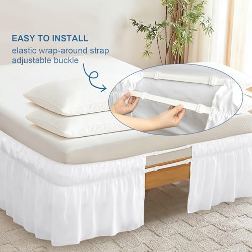 Queen Bed Skirt with Elastic Straps - Ruffle Design, White, 16" Drop