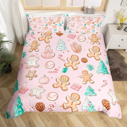 Pink Gingerbread Man Duvet Cover Set Twin No Comforter - Christmas Bedroom Decor