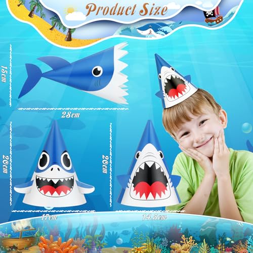 Chinco Shark Birthday Party Hats - 12 Pack with Fins & Teeth