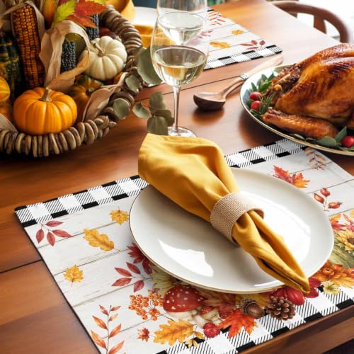 Fall Placemats Set of 6 - Orange and Black Farmhouse Table Mats with Pumpkin Design