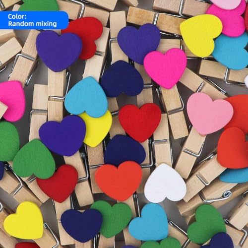 80 Mini Heart Clothespins with Jute Twine - Colorful Wooden Clips for Crafts