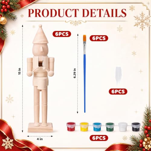 Christmas Nutcracker Drummer DIY Painting Kit - Unfinished Wooden Figures with Paints & Brushes (6 Sets, 15 Inch)
