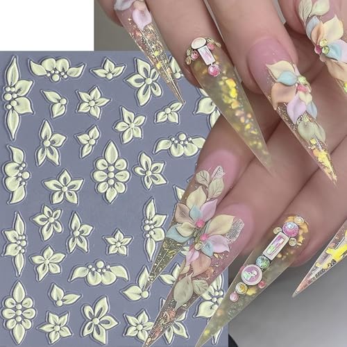 Quezadyl 6 Sheets 5D Embossed Floral Nail Stickers Colorful Flower Art Decals