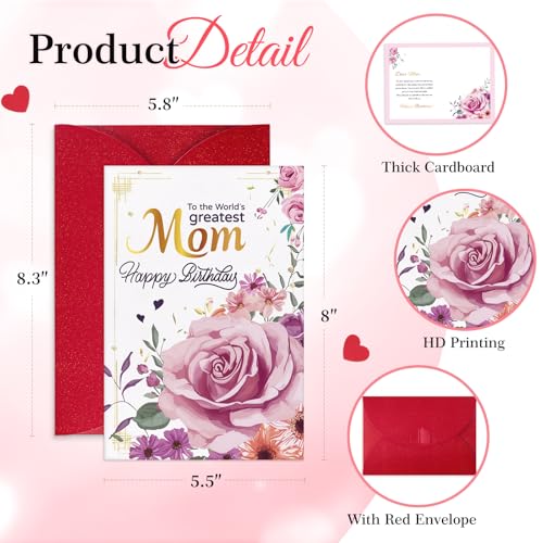 FLYAB Floral Birthday Card for Mom - Elegant Pink Rose Design