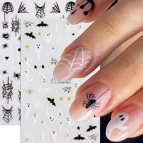 Halloween Nail Stickers 4 Sheets Pink Ghost Spider Web Decals with Rhinestones