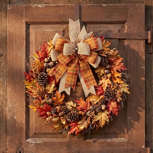 Kutyndrix Fall Wreath Bow - Orange Burlap & Plaid Ribbon 9.4 x 11.8 Inch