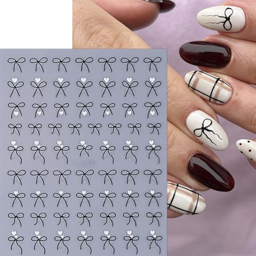 SHUXILIN Heart Bow Nail Stickers 8 Sheets Self-Adhesive Pink White Ribbons