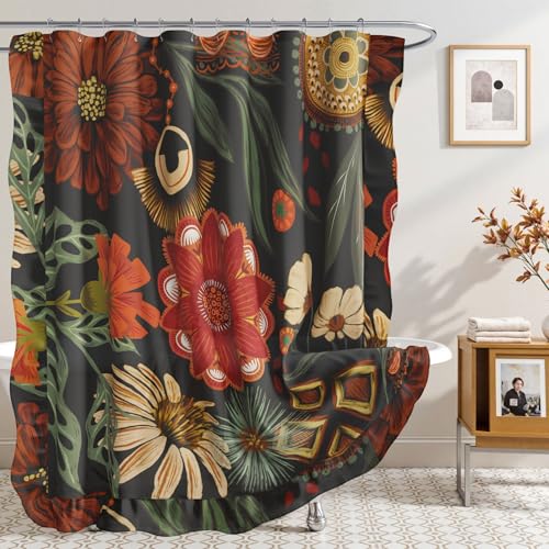 Crimson Shadow Boho Floral Shower Curtain Set - 72x72 Waterproof with Hooks