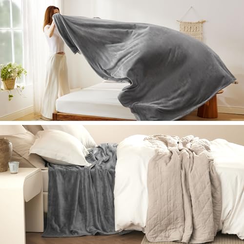 Bedsure Full Size Flannel Fleece Bed Blanket - Soft Grey Plush Throw 84x90