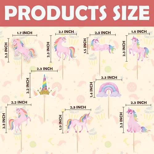 Rainbow Unicorn Cupcake Toppers - 36 Pack for Birthday Parties