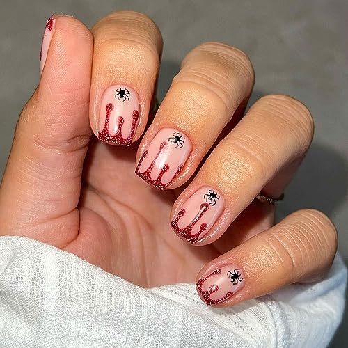 HOXIEYA Halloween Press on Nails Red Blood Spooky Spider Fake Nails Square