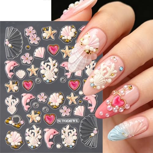 5D Embossed Summer Beach Nail Art Stickers Cute Starfish Crab Decals 2 Sheets