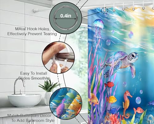 Coastal Ocean Shower Curtain - Turtle, Octopus & Jellyfish Design, 70" x 70"