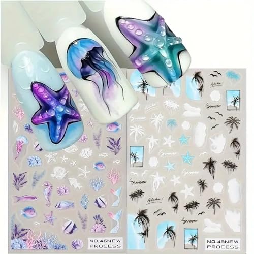 CEWEWP 3 Sheets Summer Ocean Nail Art Stickers 3D Self-Adhesive Decals