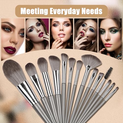 Amrules 14-Piece Professional Makeup Brush Set with PU Bag, Grayish