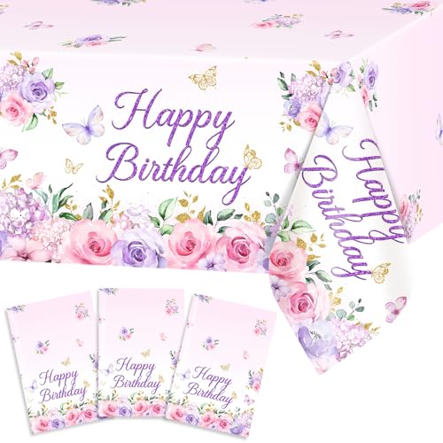 Avezano 3-Pack Purple Floral Birthday Tablecloths - 108x54 in