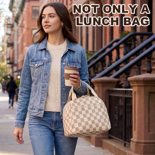 LEDAOU Insulated Corduroy Lunch Bag - Brown Checkered Small Lunch Tote