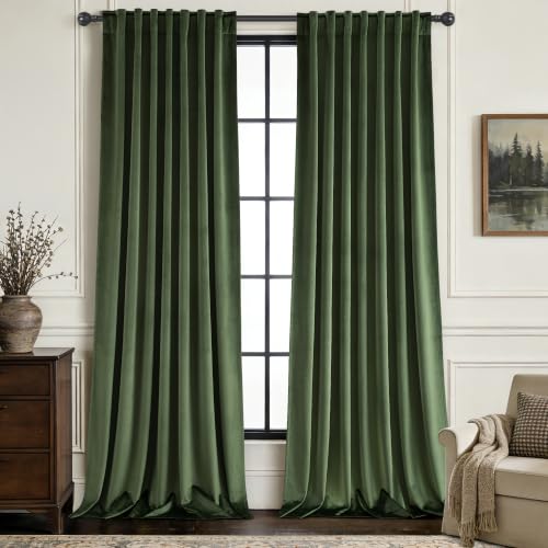 Olive Green Velvet Blackout Curtains - 52W x 108L, Pack of 2, Room Darkening
