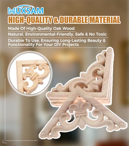 MUXSAM 4Pcs Wood Carved Appliques Onlays - Unpainted Wooden Corner Decals for Furniture, Cabinets, and Walls (8x8cm)