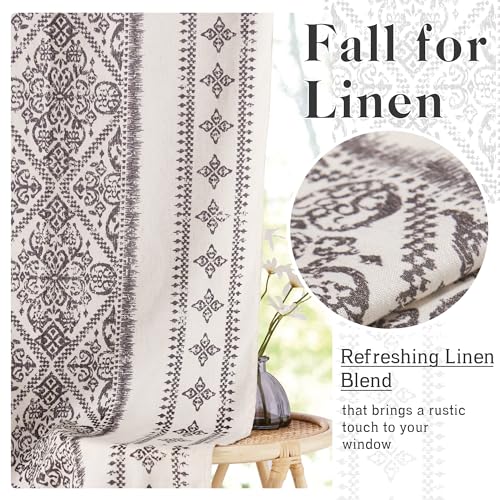 NICETOWN Glass Door Curtains Linen Blended, Farmhouse French Door Blinds Boho Print Privacy Window Treatment Covering for Patio Front Tieback Include, W26 x L72 inch, Greyish White, 1 Panel