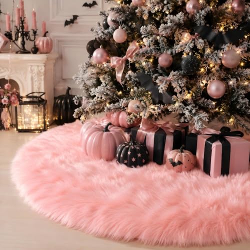 Pink Faux Fur Christmas Tree Skirt 28 Inch for Holiday Decor - MACTING