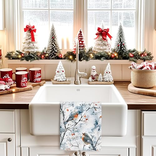 Christmas Robin Bird Kitchen Towels - Holiday Watercolor Dish Drying Cloth, 16x24 Inch - Variation Christmas-21
