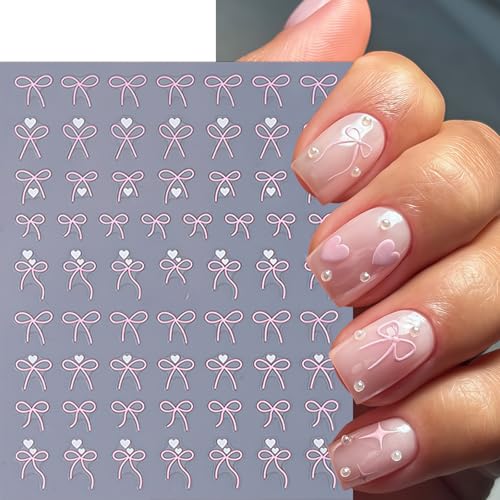 SHUXILIN Heart Bow Nail Stickers 8 Sheets Self-Adhesive Pink White Ribbons
