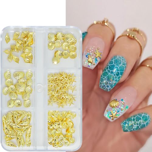 3D Summer Ocean Gold Metal Nail Charms - Seashell Starfish Seahorse