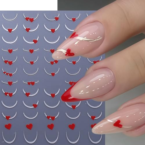 Valentine's Day Heart Nail Art Stickers - 6 Sheets 3D Self-Adhesive French Tip & Red Hearts