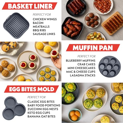 Gourmia Air Fryer Accessories Set - 3 Piece Silicone, Liner, Egg Bite Cooker, 7-Hole Cupcake Mold, BPA-Free, Nonstick, Heat Resistant 445¡ÆF, Dishwasher Safe, Food Grade