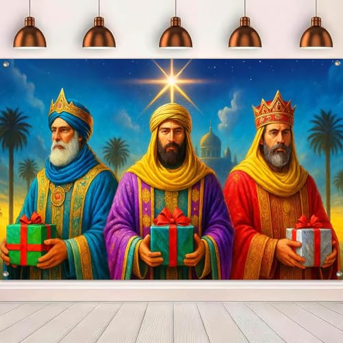 Christmas Nativity Banner 71x43 Inch Three Wise Men Holy Night Backdrop - Red-Green