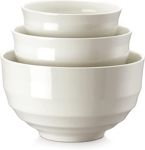 DOWAN Ceramic Mixing Bowls Set - Sturdy & Microwave Safe | Large 3.5/1.9/1.2 Qt Nesting Bowls in Creme White