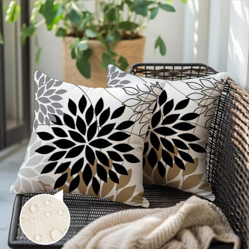 RABUSOFA 18x18 Waterproof Outdoor Pillow Covers - Black & Tan Set of 2