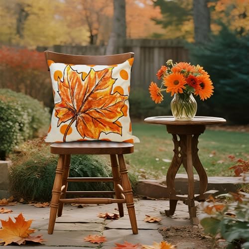 Feivando Fall Pillow Covers, 18x18 Orange Polka Dot Linen Cushion Case Set