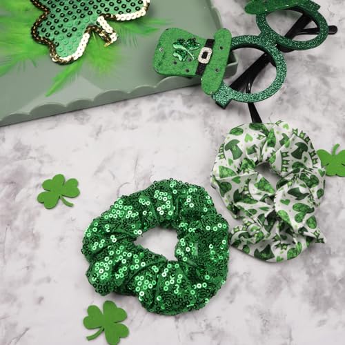 Needzo St. Patrick's Day Cotton Scrunchies 5-Pack Green Shamrock Hair Accessories