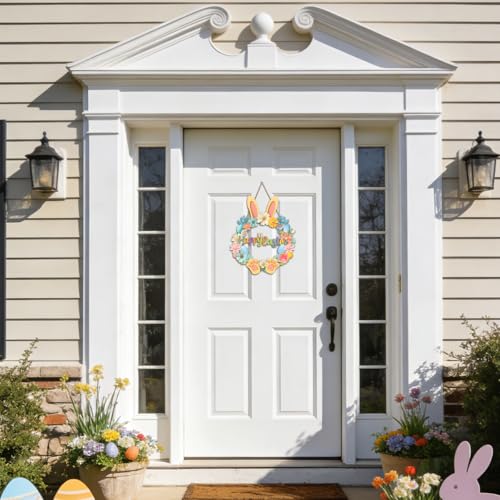 Easter Wooden Door Wreath 13" Happy Easter Sign for Front Porch Decor