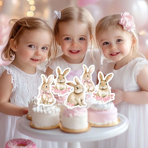 36 Pcs Bunny Cupcake Toppers with Pink Bow - Floral Rabbit Theme Decorations