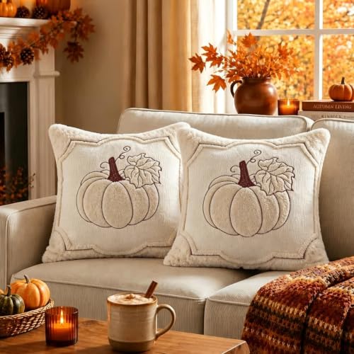 18x18 Fall Pumpkin Pillow Covers Set of 2 - Beige Embroidered
