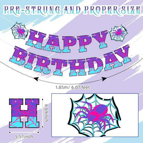 Spider Theme Birthday Banner - Pre-strung Purple Blue Decor